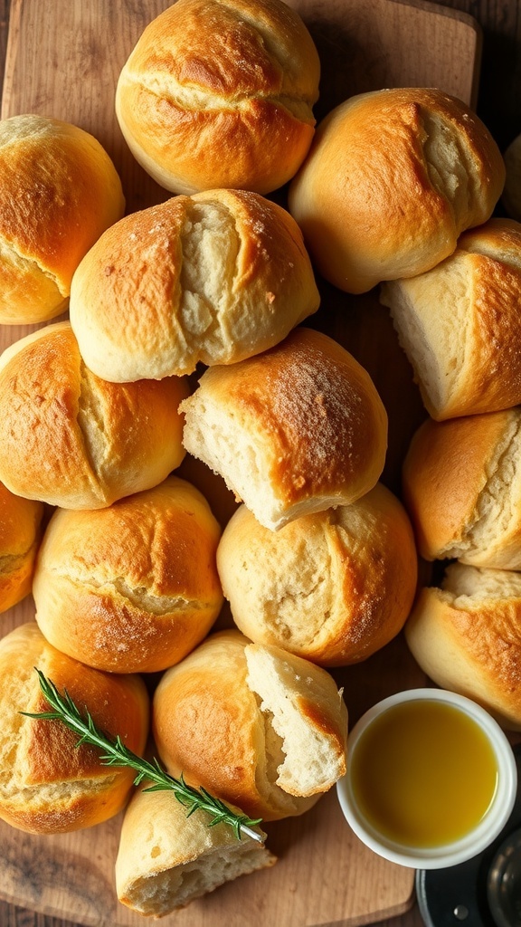 Golden brown sourdough bread rolls on a wooden board with a bowl of olive oil.